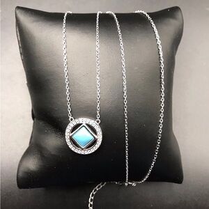 925 Sterling Silver Natural Turquoise & CZ Round Halo Pendant Necklace 18”